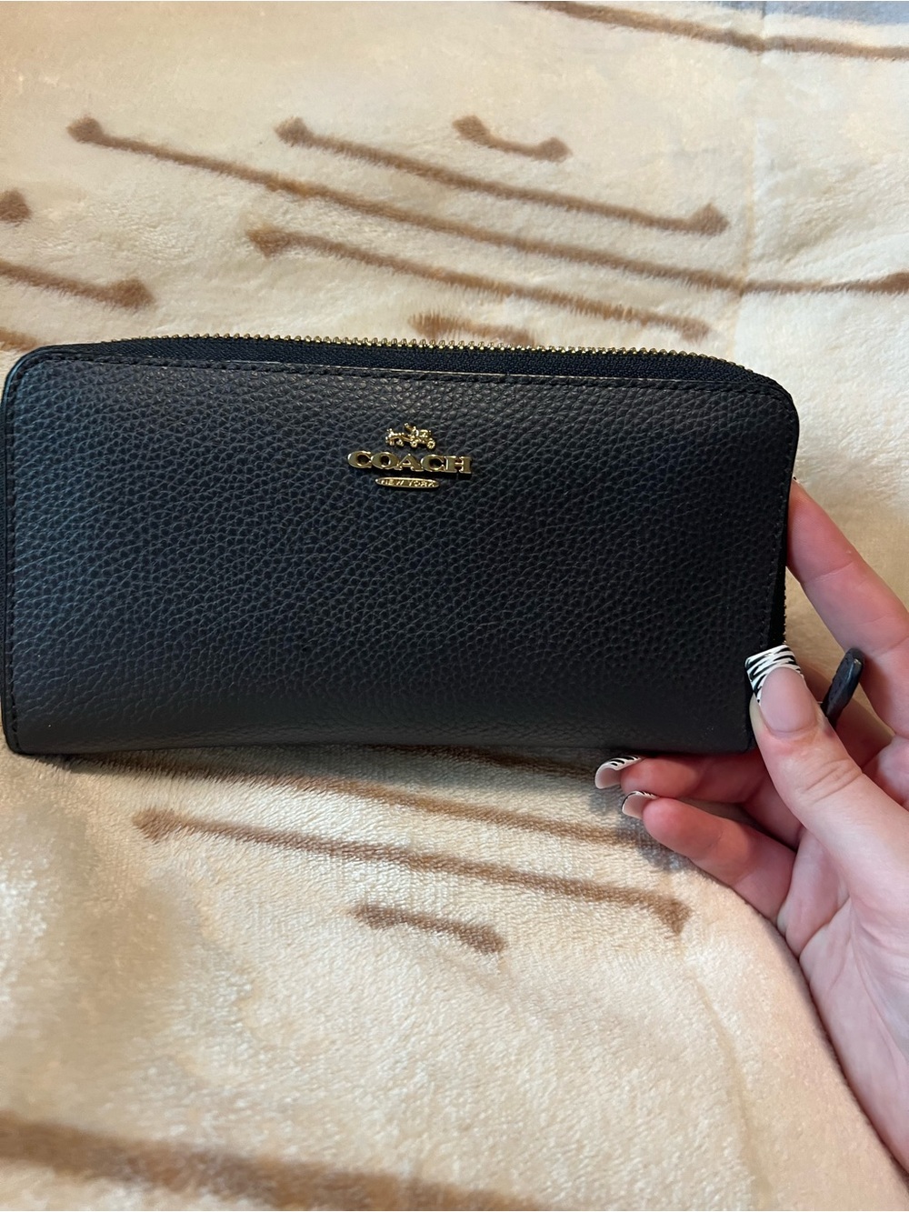 Coach Black Pebbled Leather Zip Wallet with Gold Hardware